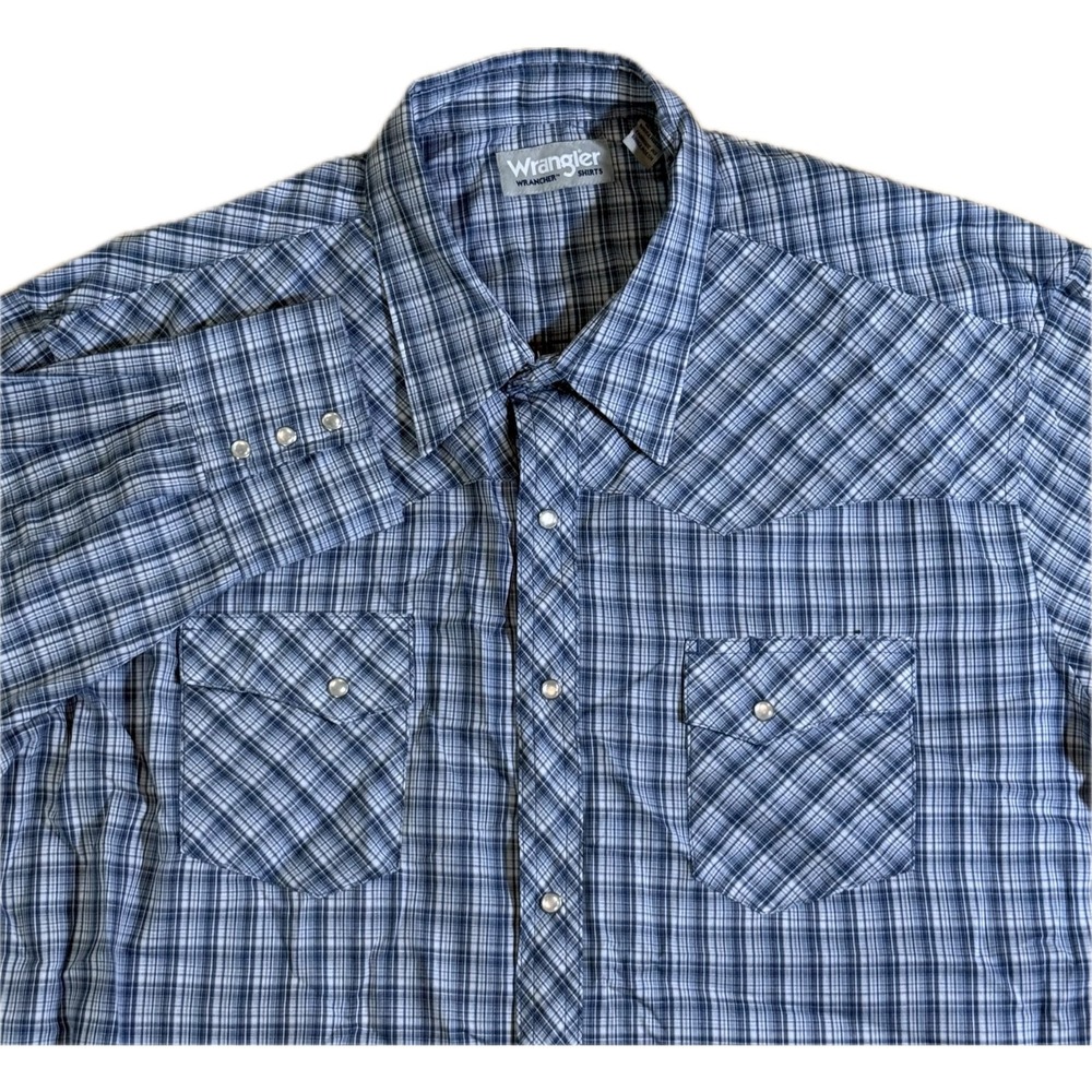 Wrangler Wrancher Western Pearl Snap Shirt Mens XXL Blue Plaid Long Sleeve Rodeo